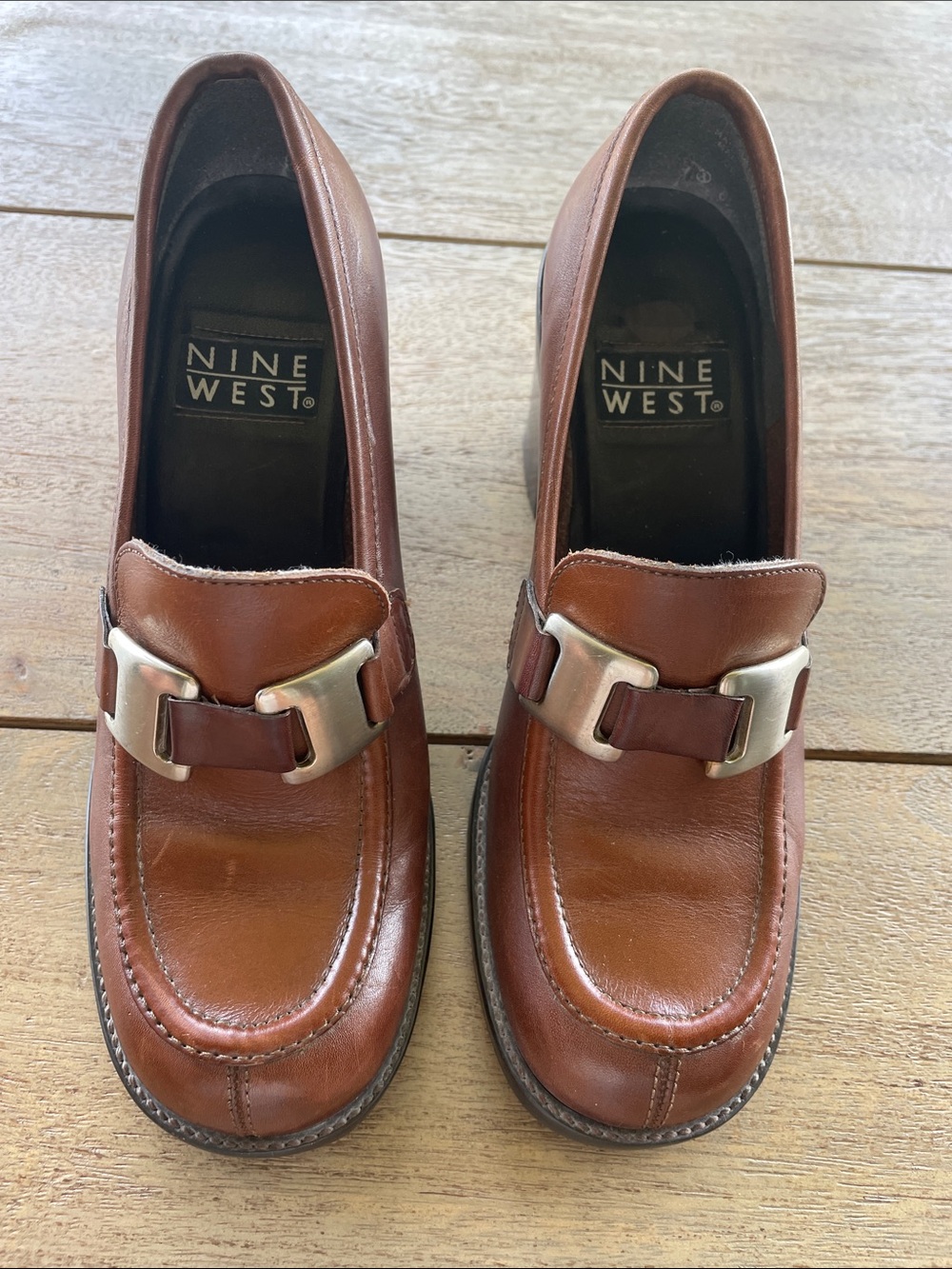 Vintage 90s Nine West Jenkins Brown Leather Chunky Heel Shoes Size 6M - Picture 3 of 14
